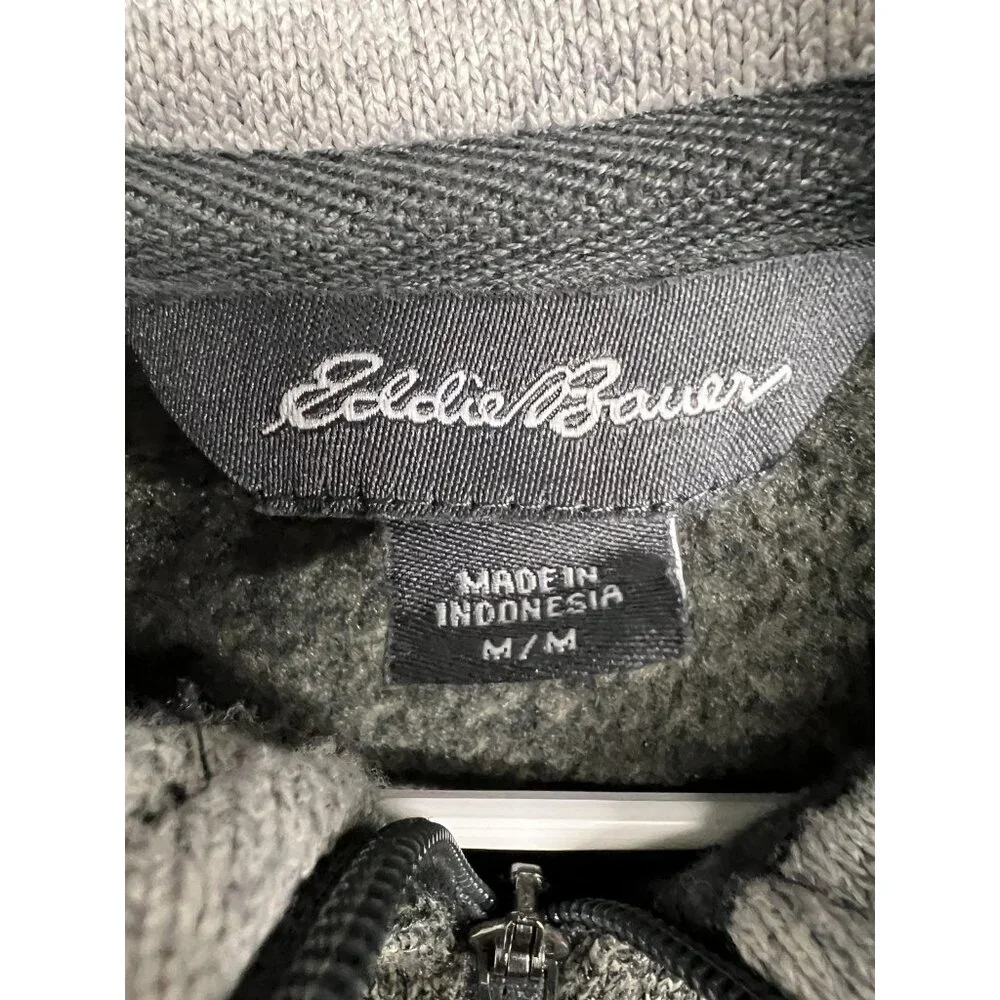 Eddie Bauer Sweatshirt Fleece Pullover Men’s Medium Gray Green Quarter Zip Logo - Picture 3 of 6